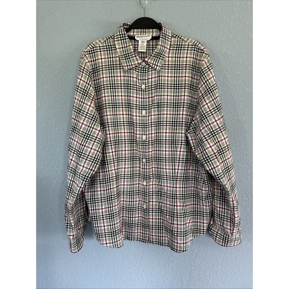 Pendleton Women's XL Plaid Flannel Button-Up Shirt Green Red Black White Cotton